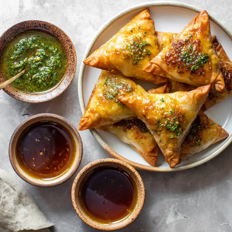 Baked samosas served with mint and tamarind chutney