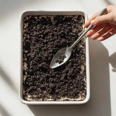 Crushed Oreo crust in pan for ice cream cake