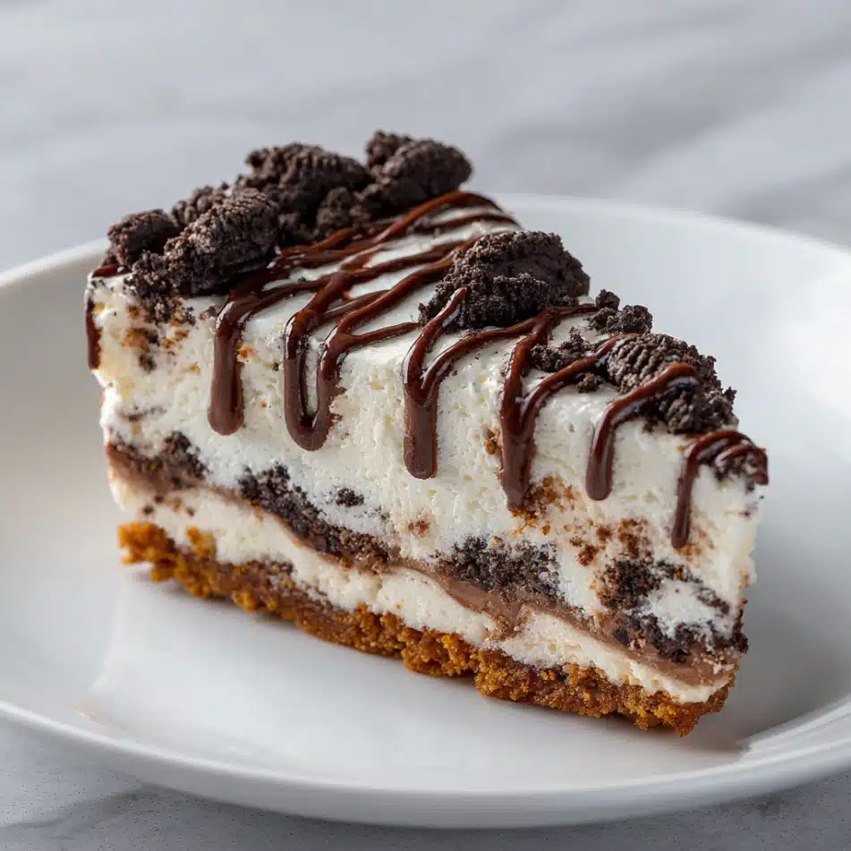 Oreo ice cream cake slice with layers and crumbled topping