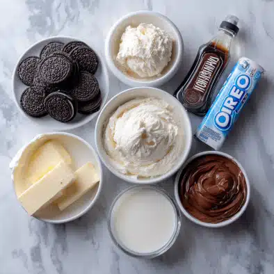 Oreo ice cream cake ingredients arranged neatly