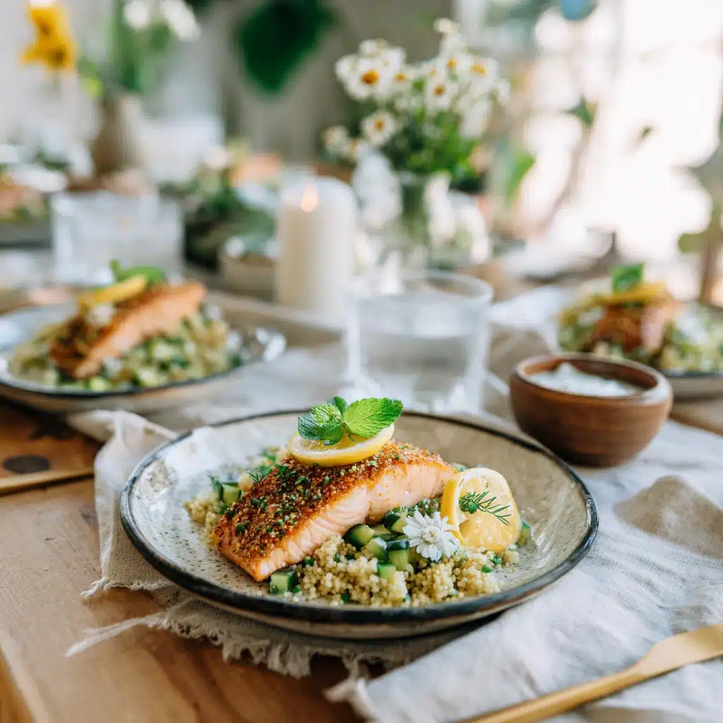 Plated easy summer dinner with salmon and salad
