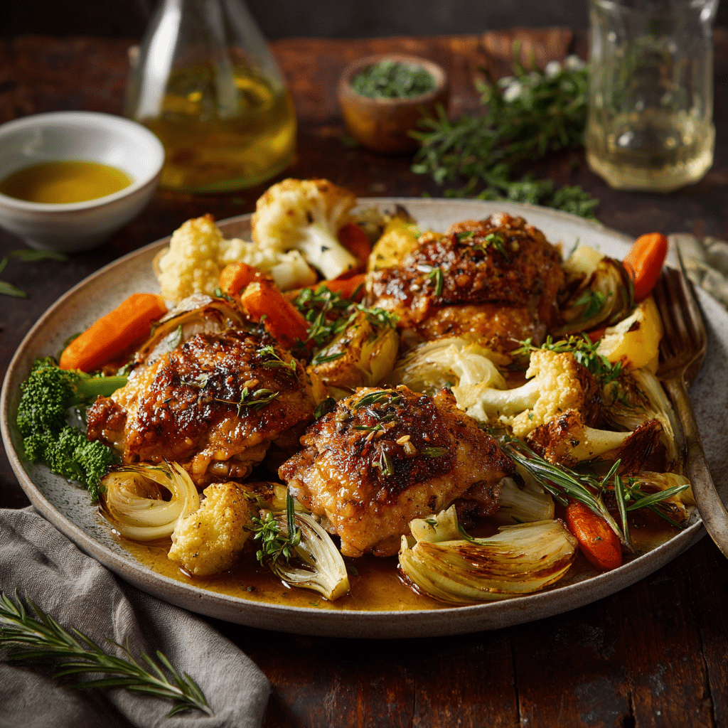Crispy baked chicken served with roasted vegetables