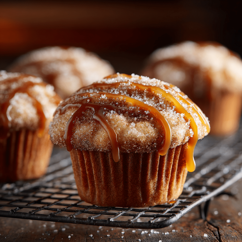 Churro cupcakes cooling on a rack with caramel drizzle