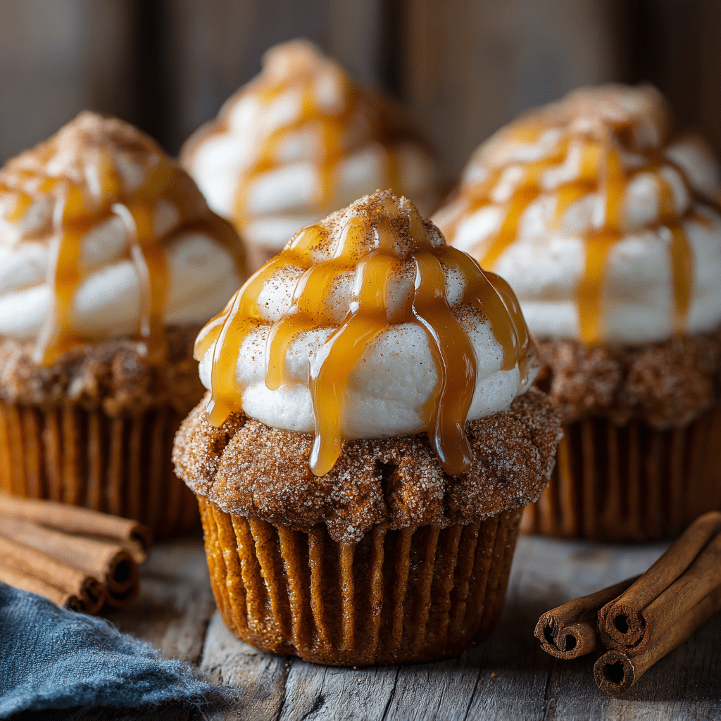 Churro cupcakes with cream cheese frosting and caramel drizzle