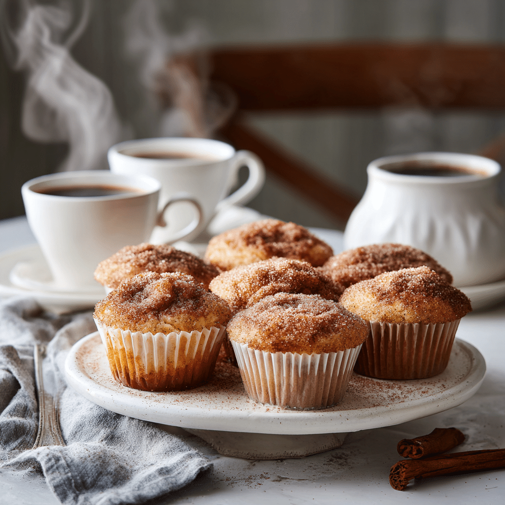 Churro cupcakes served on a white platter with coffee