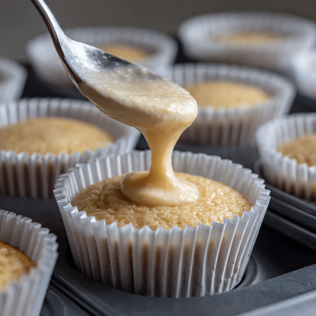 Cupcake batter being spooned into paper liners
