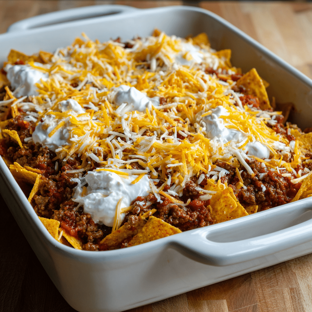 Layering beef, Doritos, and cheese in taco casserole dish