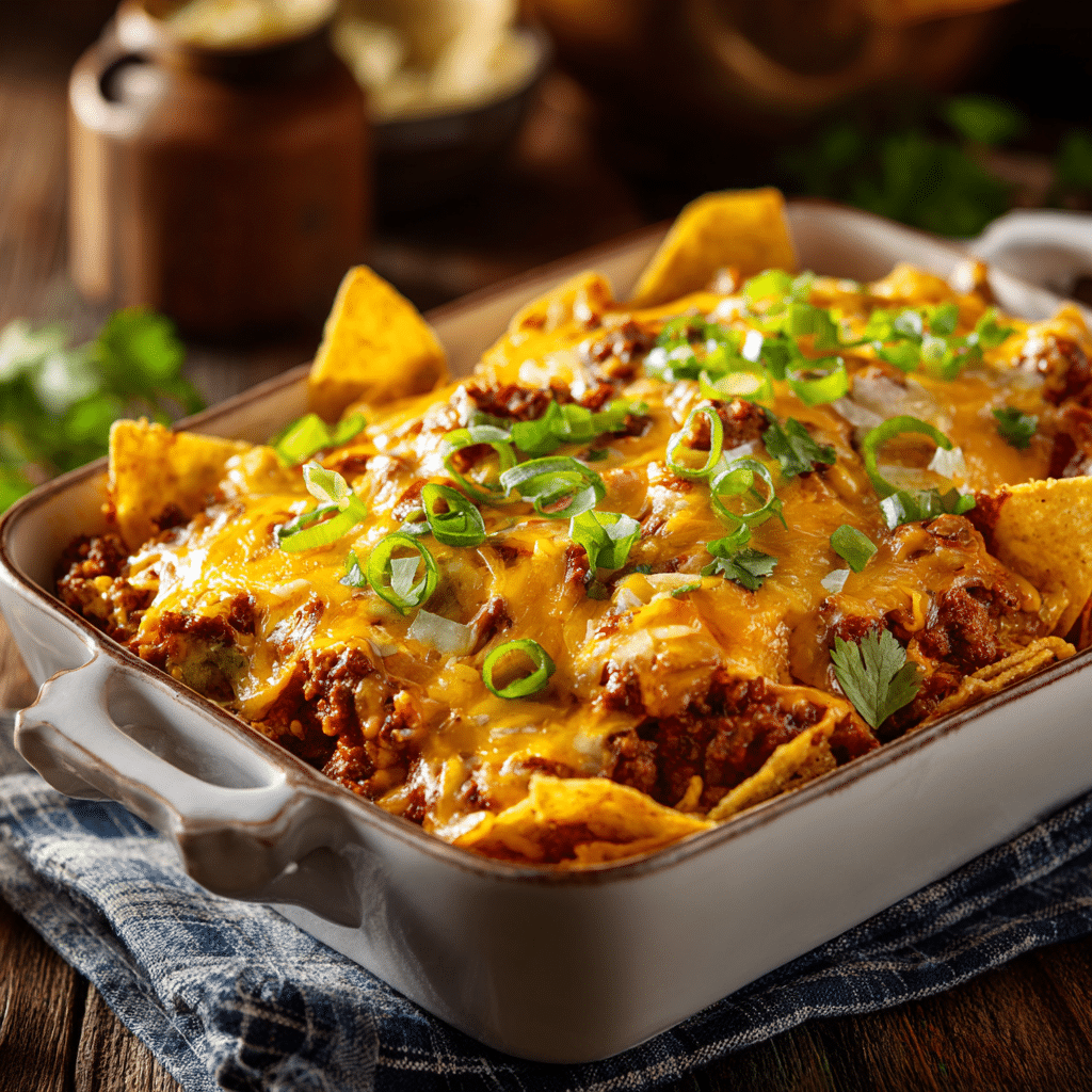 Taco casserole with Doritos in a baking dish topped with cheese and tomatoes